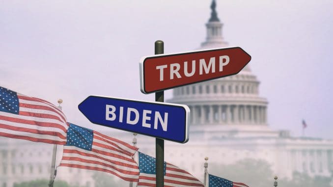 Election Trump Biden 2020 sign with american flags on the background